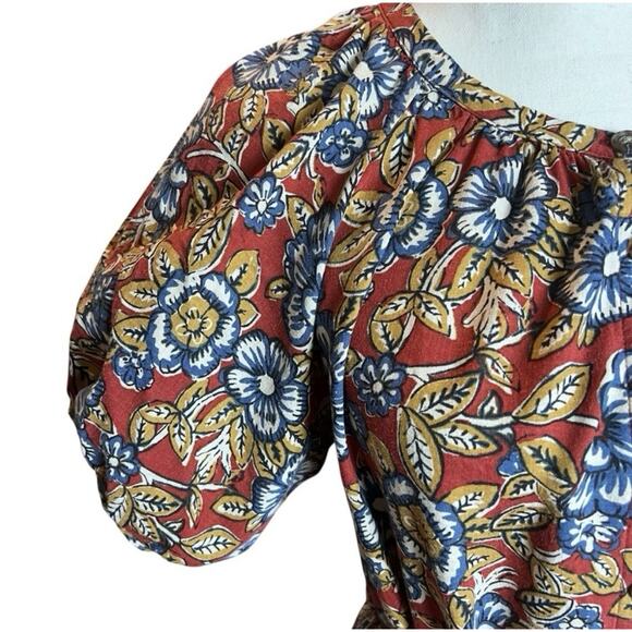 Faherty Boho Linen Dress Size XS Puff Sleeve Midi Belted Red Cottage Peasant - Picture 6 of 16